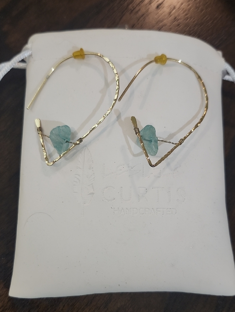 Gold Teardrop Earrings with Seafoam Blue Stones